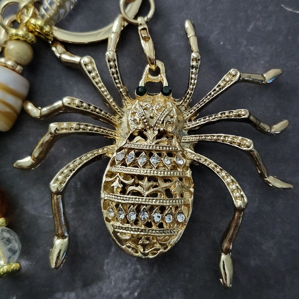 Spider Purse Charm or Keychain Handcrafted Rhinestone Glass Jasper Agate